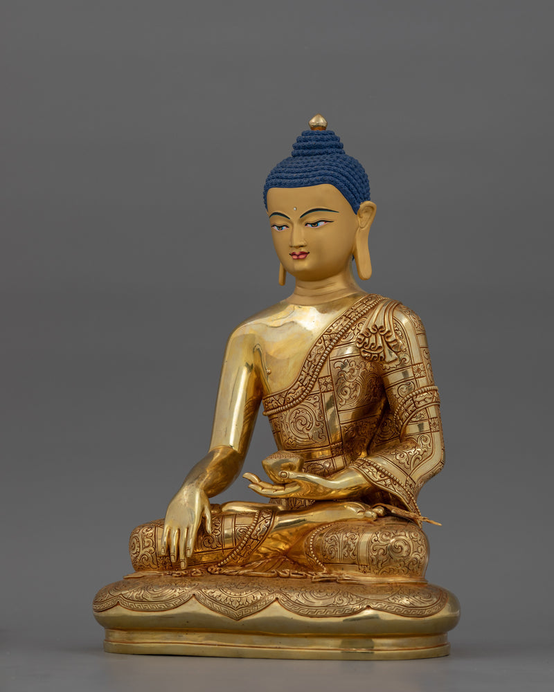 Hand-Carved Shakyamuni Buddha Enlightened Figure | 24K Gold Gilded Tibetan Sculpture