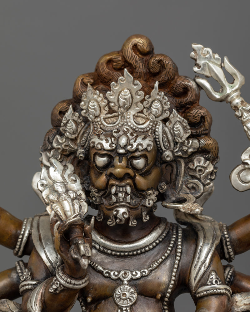 Hand-Carved Oxidized White Mahakala Statue | Silver-Plated Tibetan Sculpture