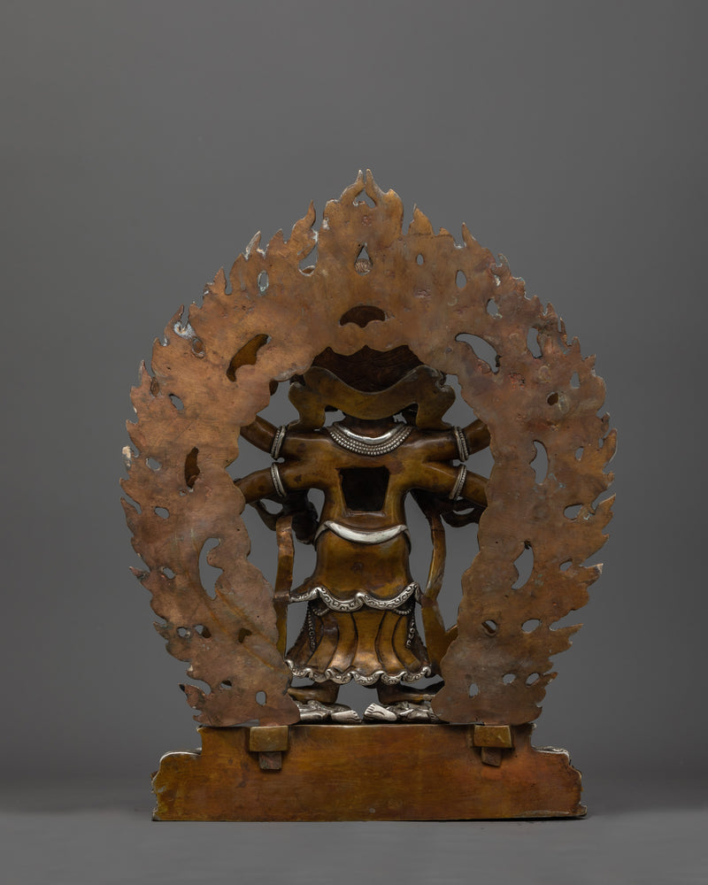 Hand-Carved Oxidized White Mahakala Statue | Silver-Plated Tibetan Sculpture