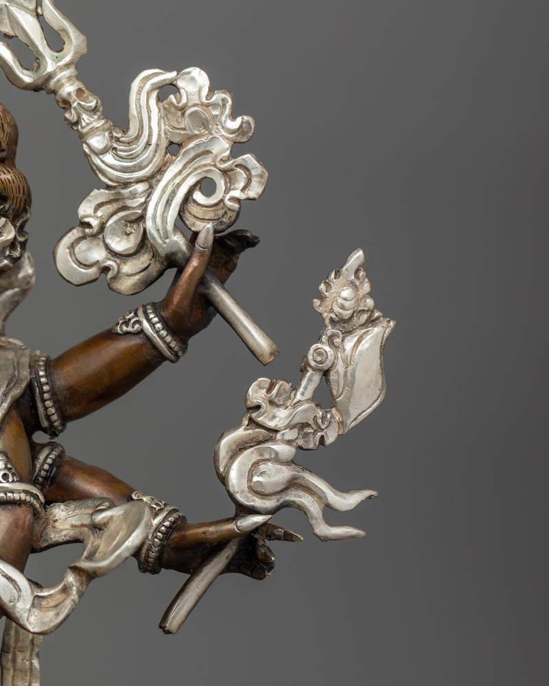 Hand-Carved Oxidized White Mahakala Statue | Silver-Plated Tibetan Sculpture