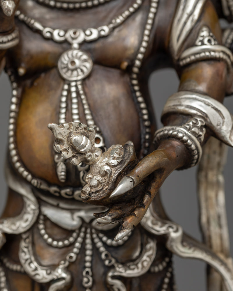 Hand-Carved Oxidized White Mahakala Statue | Silver-Plated Tibetan Sculpture