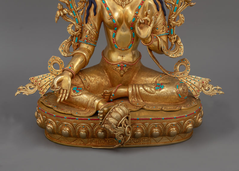 Hand-Carved Green Tara Tibetan Buddha Statue | 24K Gold Gilded Sculpture