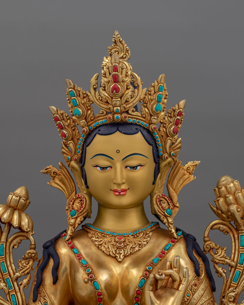 Hand-Carved Green Tara Tibetan Buddha Statue | 24K Gold Gilded Sculpture