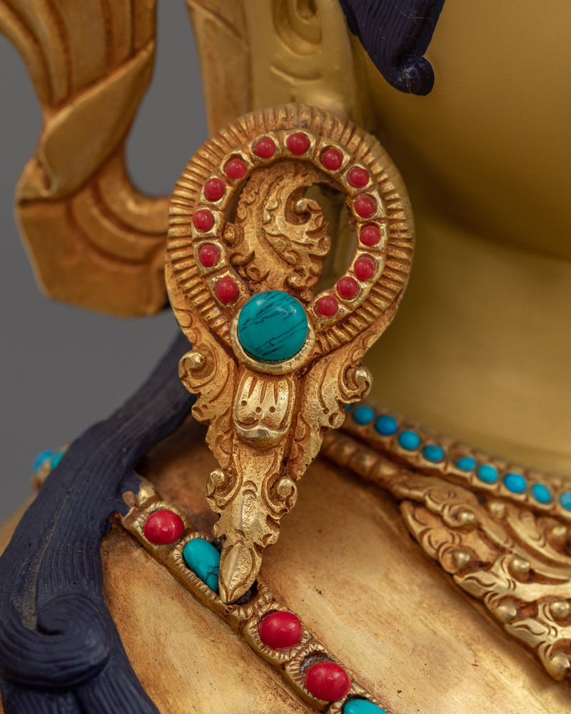 Hand-Carved Green Tara Tibetan Buddha Statue | 24K Gold Gilded Sculpture