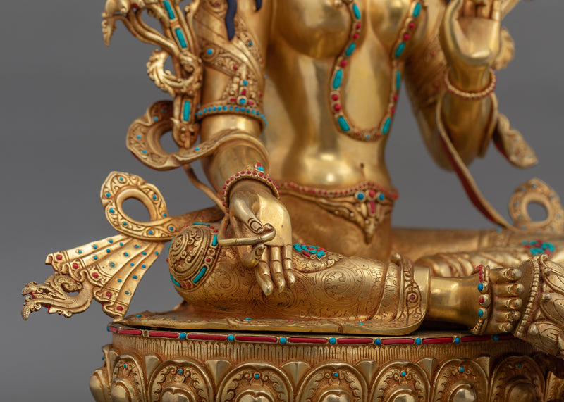 Hand-Carved Green Tara Tibetan Buddha Statue | 24K Gold Gilded Sculpture