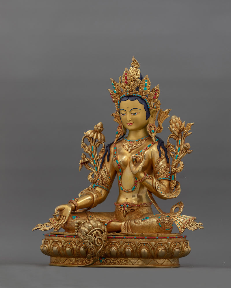 Hand-Carved Green Tara Tibetan Buddha Statue | 24K Gold Gilded Sculpture