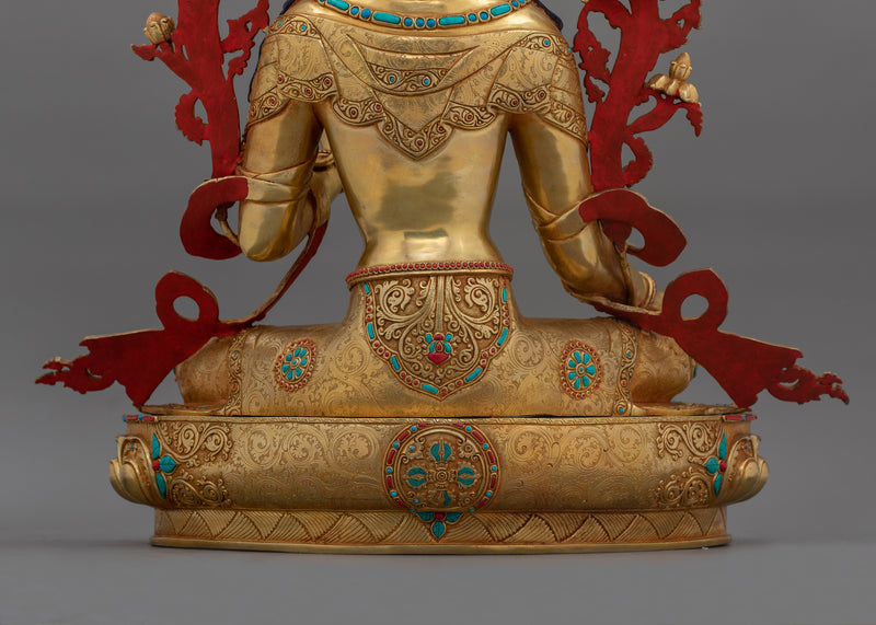 Hand-Carved Green Tara Tibetan Buddha Statue | 24K Gold Gilded Sculpture