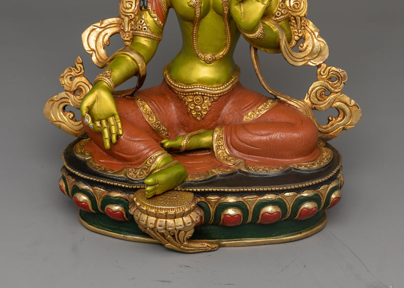 Hand-Carved Liberation Green Tara Statue | 24K Gold Gilded Tibetan Sculpture