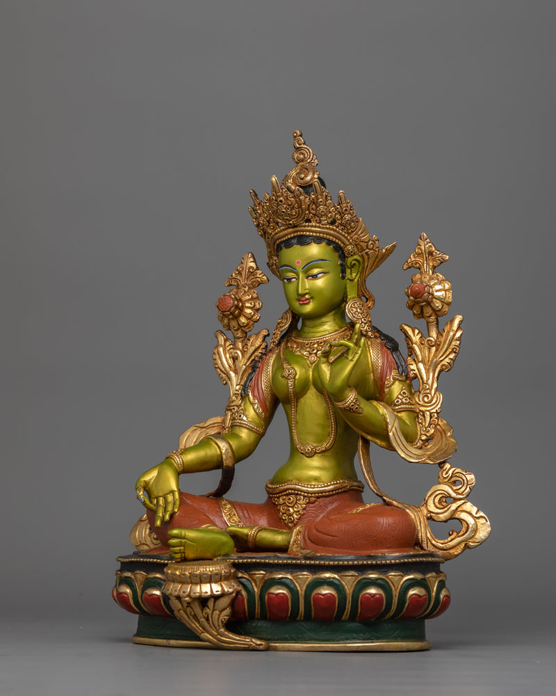 Hand-Carved Liberation Green Tara Statue | 24K Gold Gilded Tibetan Sculpture