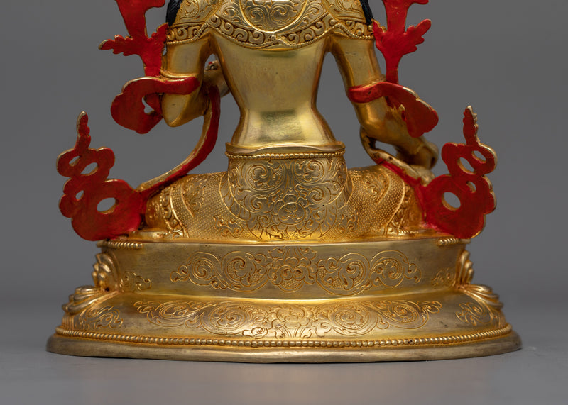 Hand-Carved Serene Nature Green Tara Statue | 24K Gold Gilded Tibetan Sculpture