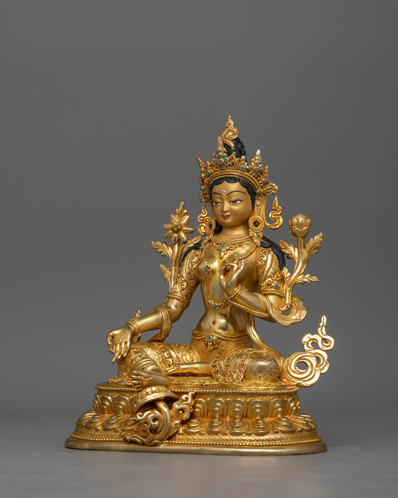 Hand-Carved Serene Nature Green Tara Statue | 24K Gold Gilded Tibetan Sculpture