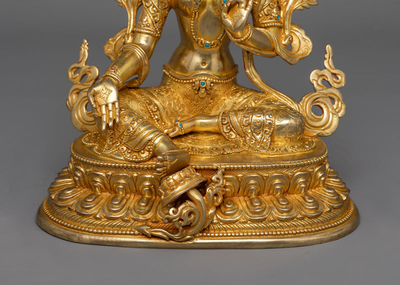 Hand-Carved Serene Nature Green Tara Statue | 24K Gold Gilded Tibetan Sculpture