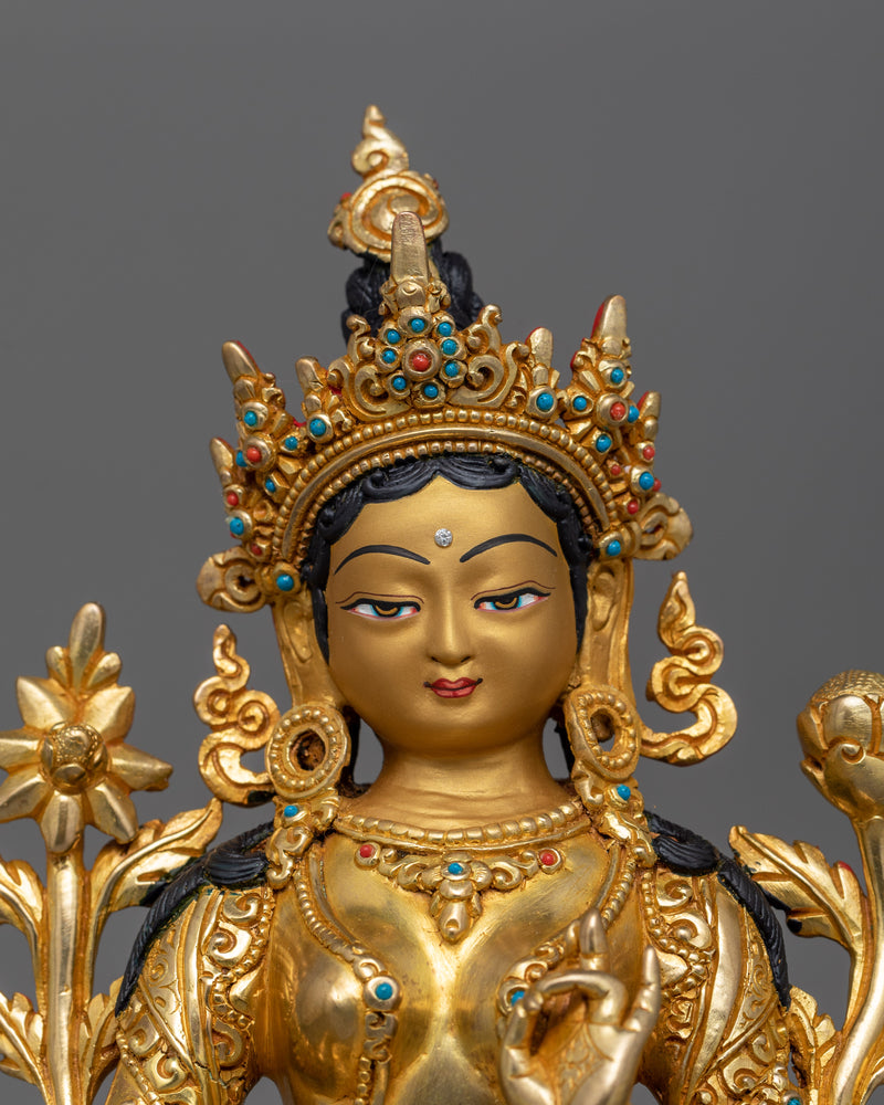 Hand-Carved Serene Nature Green Tara Statue | 24K Gold Gilded Tibetan Sculpture