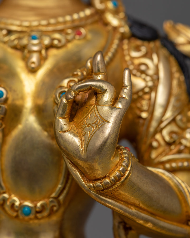 Hand-Carved Serene Nature Green Tara Statue | 24K Gold Gilded Tibetan Sculpture