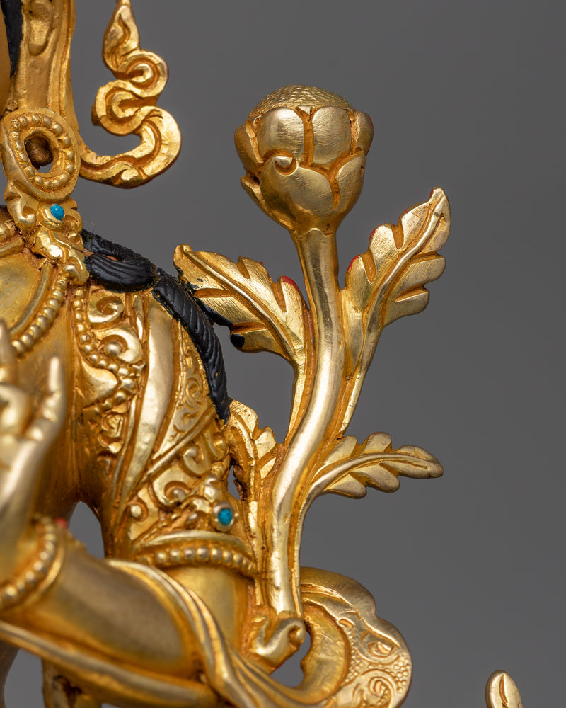 Hand-Carved Serene Nature Green Tara Statue | 24K Gold Gilded Tibetan Sculpture