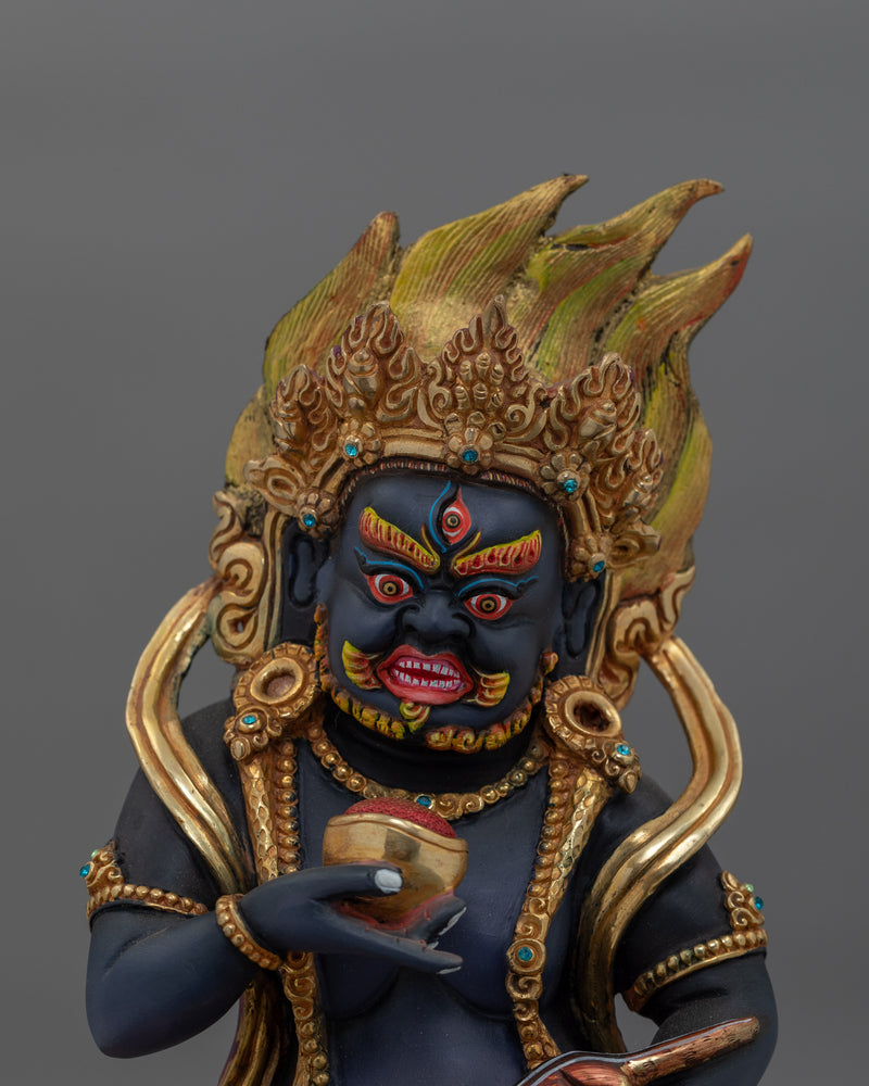 Hand-Carved Wrathful Black Dzambhala Statue | 24K Gold Gilded Tibetan Sculpture