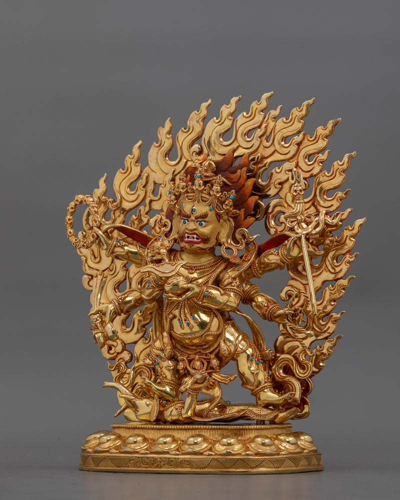 Hand-Carved Six-Armed Mahakala Dharma Protector Statue | Tibetan Mahakala Artwork