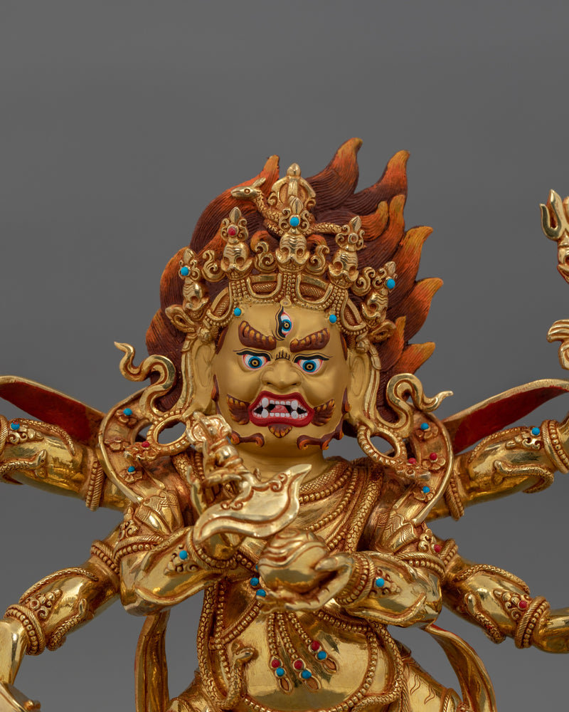 Hand-Carved Six-Armed Mahakala Dharma Protector Statue | Tibetan Mahakala Artwork