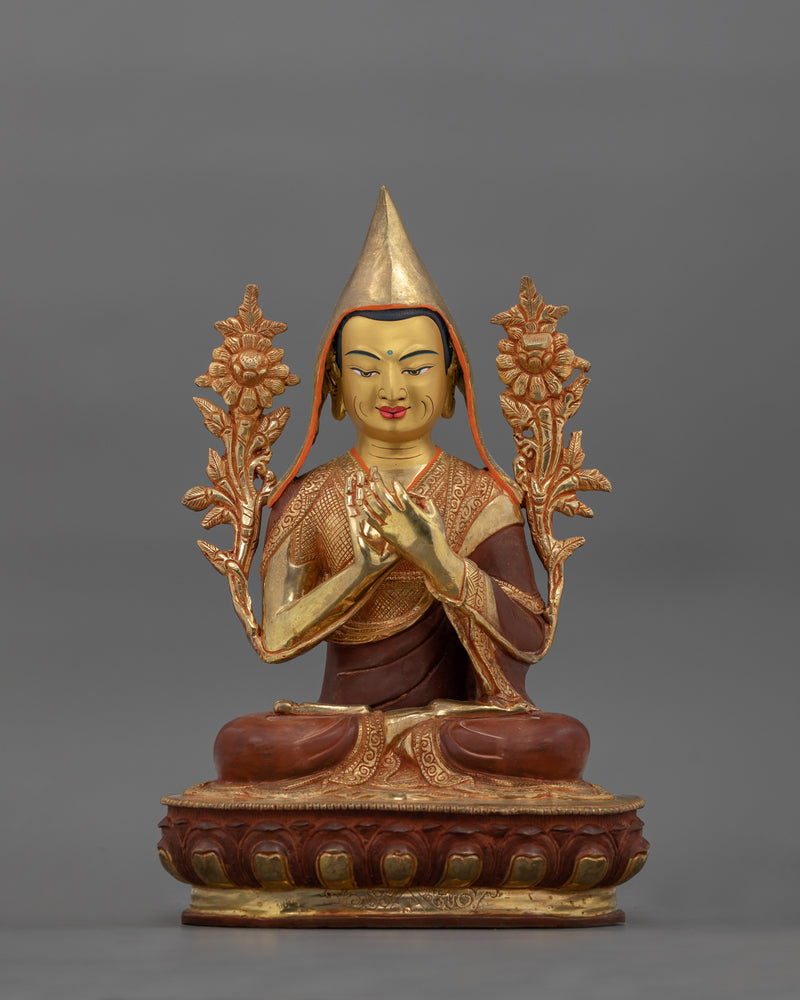 Hand-Carved Sacred Tsongkhapa Set | 24K Gold Gilded Tibetan Sculpture