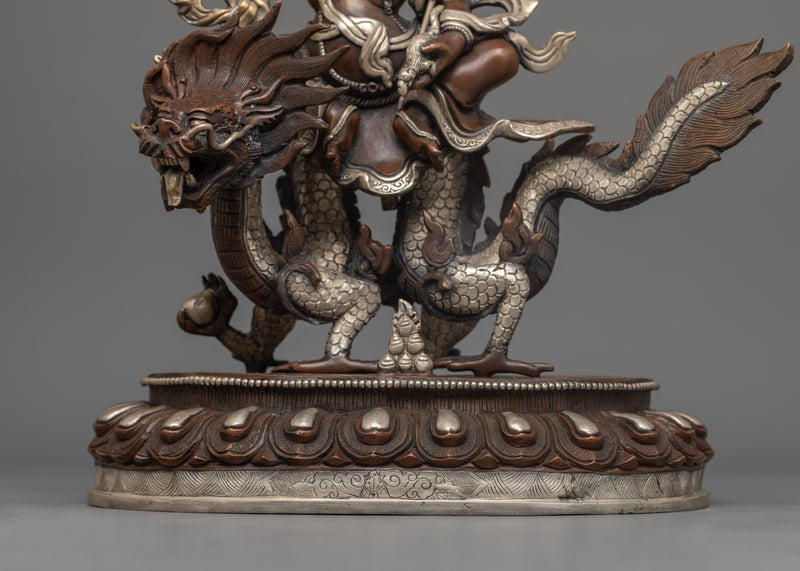 Hand-Carved White Dzambhala Seated on Dragon Statue | Prosperity Deity