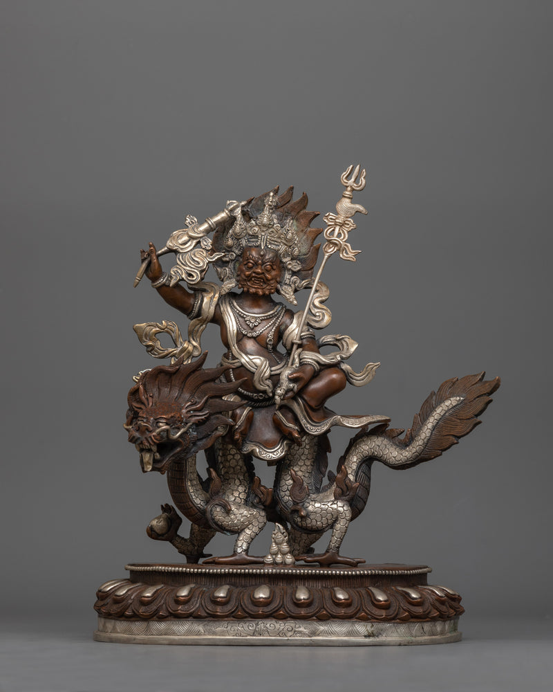 Hand-Carved White Dzambhala Seated on Dragon Statue | Prosperity Deity