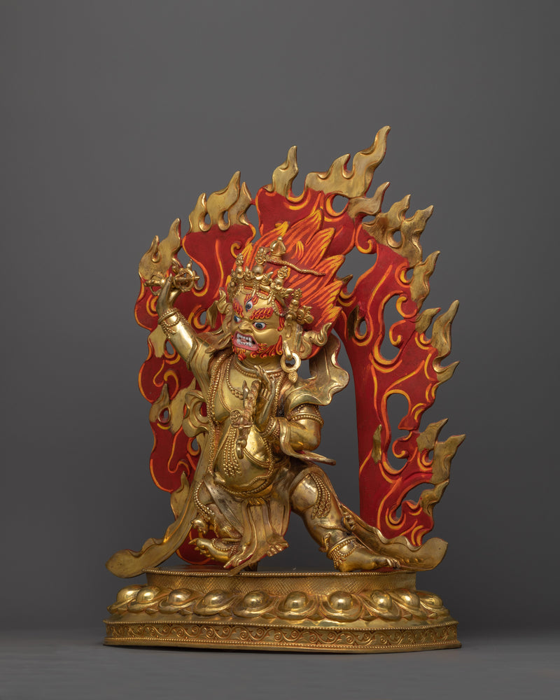 Hand-Carved Fierce Protector Vajrapani Statue | 24K Gold Gilded Tibetan Sculpture