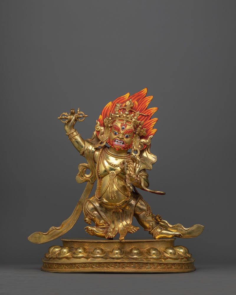 Hand-Carved Fierce Protector Vajrapani Statue | 24K Gold Gilded Tibetan Sculpture