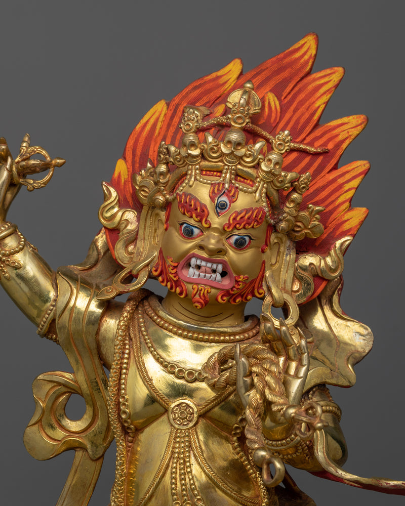 Hand-Carved Fierce Protector Vajrapani Statue | 24K Gold Gilded Tibetan Sculpture