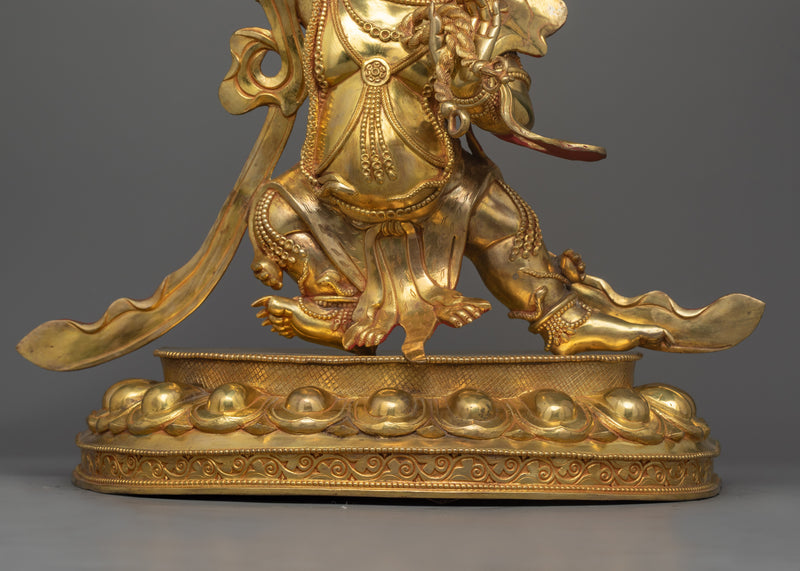 Hand-Carved Fierce Protector Vajrapani Statue | 24K Gold Gilded Tibetan Sculpture