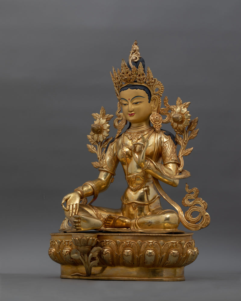 Hand-Carved Shri Green Tara Goddess Statue | 24K Gold Gilded Tibetan Sculpture