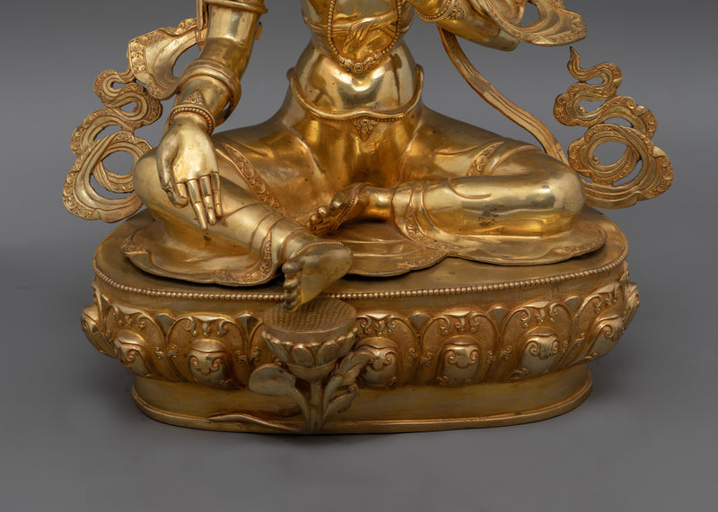 Hand-Carved Shri Green Tara Goddess Statue | 24K Gold Gilded Tibetan Sculpture