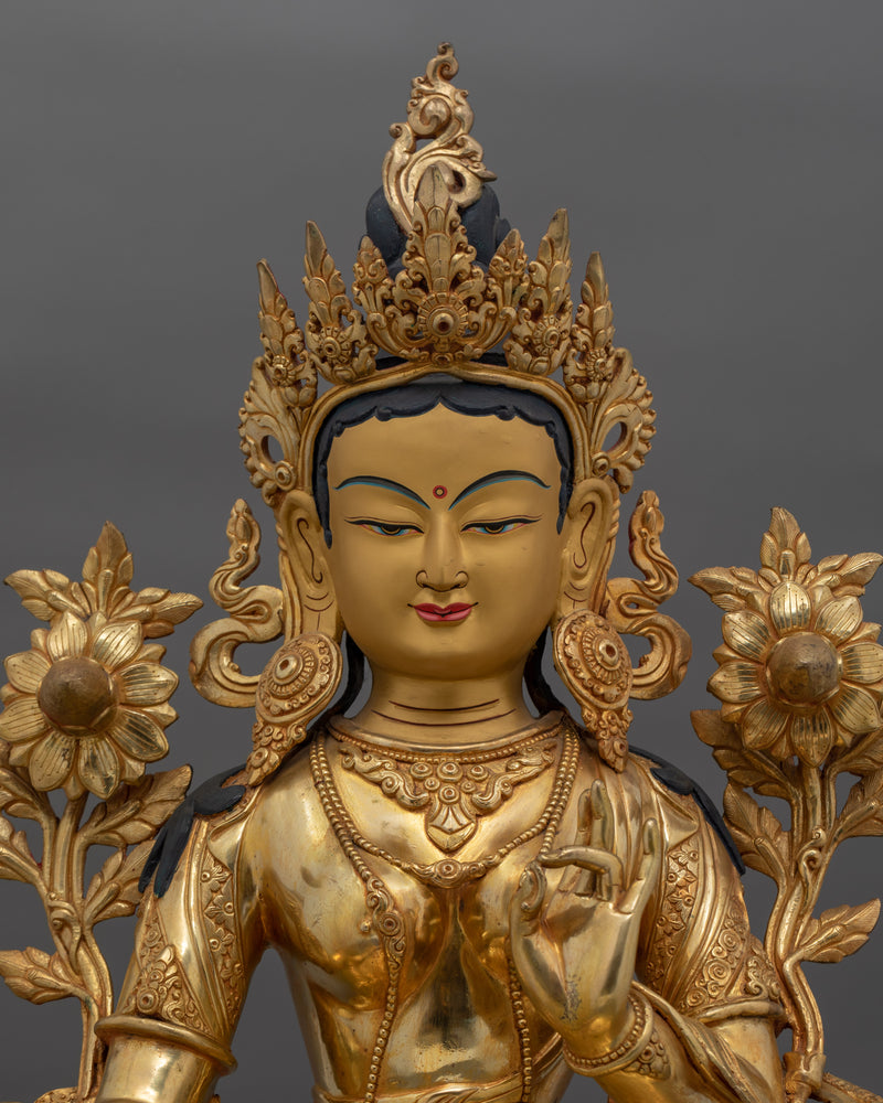 Hand-Carved Shri Green Tara Goddess Statue | 24K Gold Gilded Tibetan Sculpture