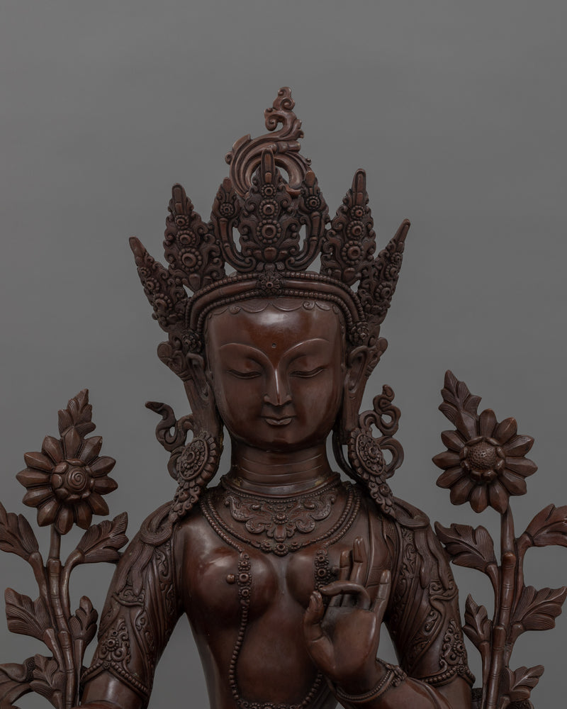 Goddess Female Green Tara Bodhisattva Statue | Oxidized Copper Tibetan Sculpture