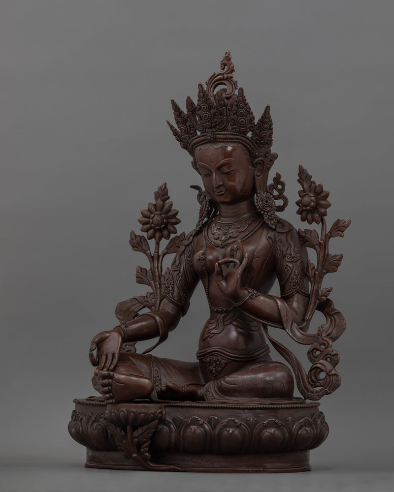 Goddess Female Green Tara Bodhisattva Statue | Oxidized Copper Tibetan Sculpture