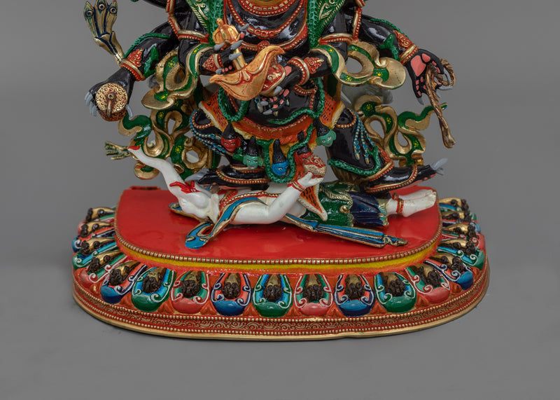 Traditionally Carved Six-Armed Mahakala Figure | Wrathful Protector Deity