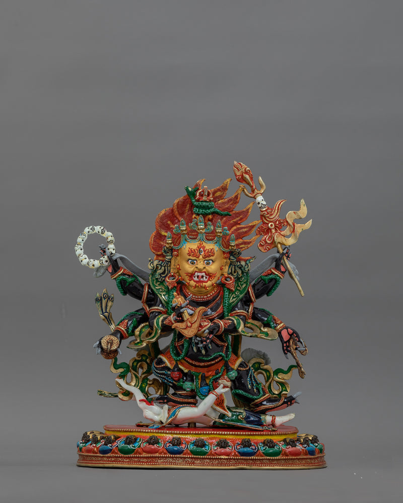 Traditionally Carved Six-Armed Mahakala Figure | Wrathful Protector Deity