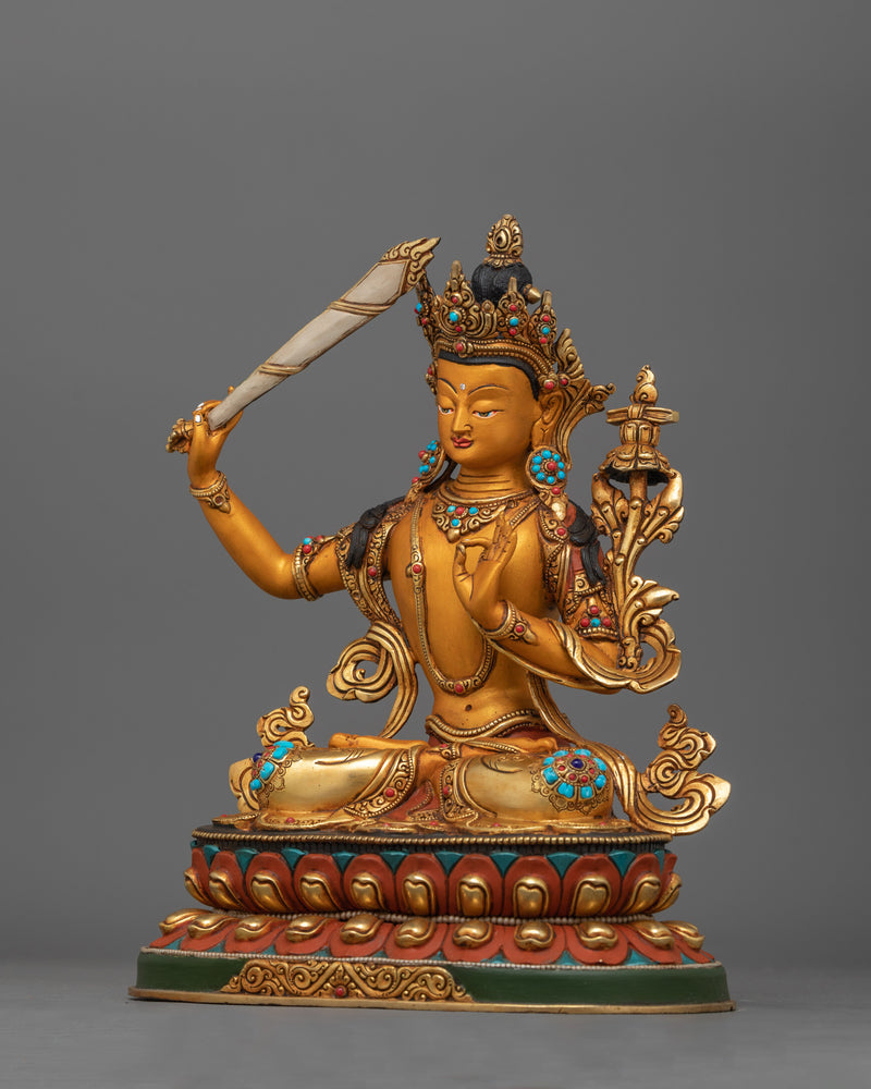 Wisdom Buddha Manjushri with Flaming Sword Statue | Bodhisattva Shrine Decor