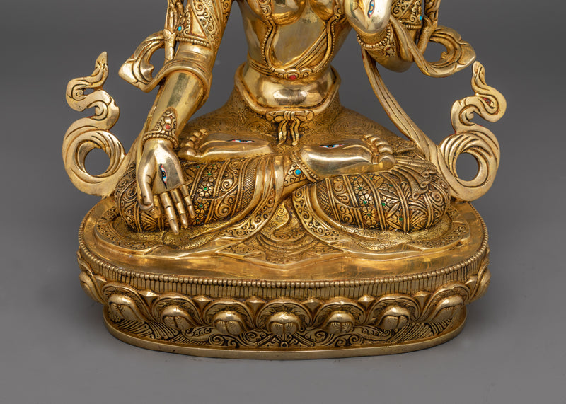 Seven Eyed White Tara Statue | 24K Gold Gilded Copper Sculpture of Sitatara