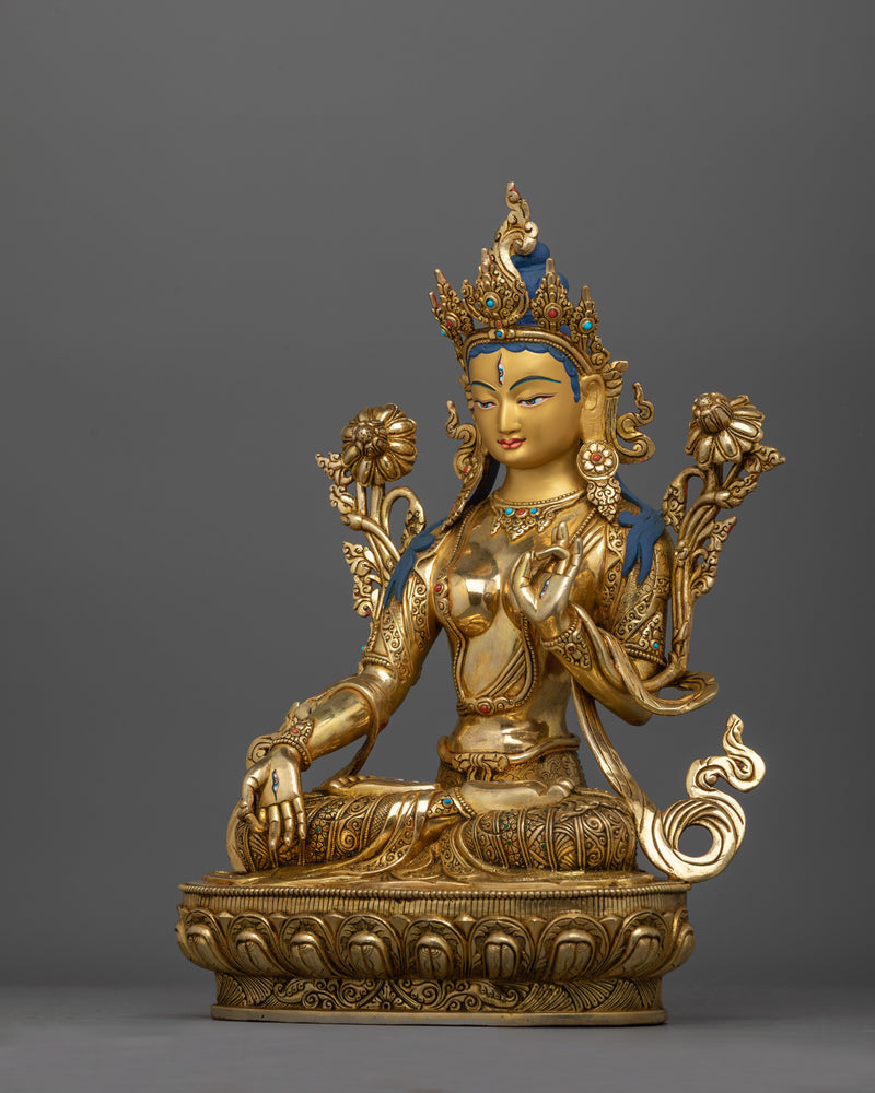 Seven Eyed White Tara Statue | 24K Gold Gilded Copper Sculpture of Sitatara