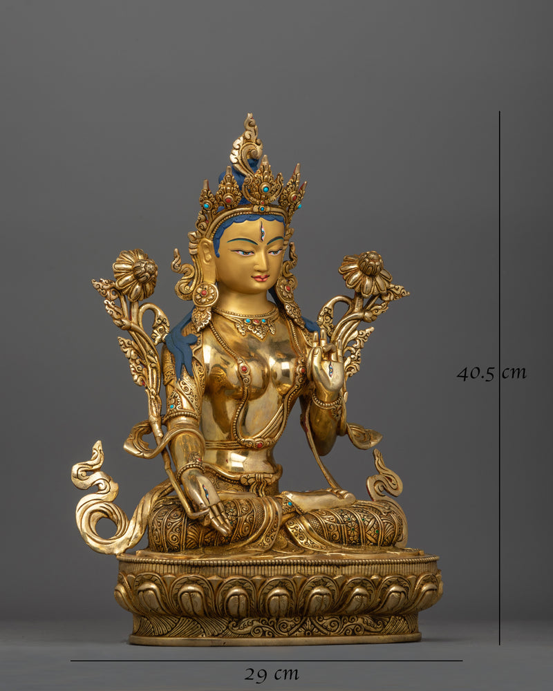 Seven Eyed White Tara Statue | 24K Gold Gilded Copper Sculpture of Sitatara