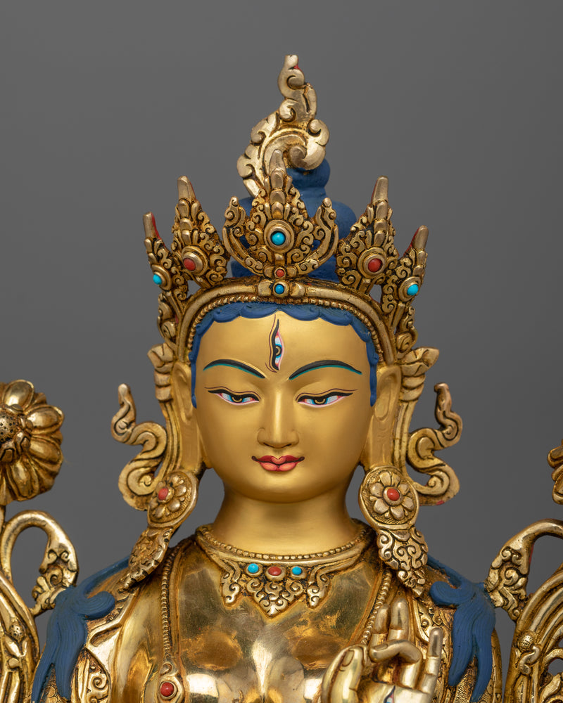 Seven Eyed White Tara Statue | 24K Gold Gilded Copper Sculpture of Sitatara