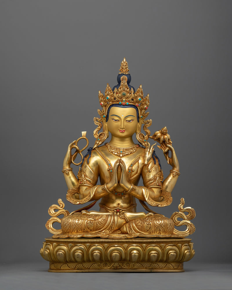 Handmade Tibetan Avalokiteshvara Chenrezig Statue | 24K Gold Gilded with Copper Body