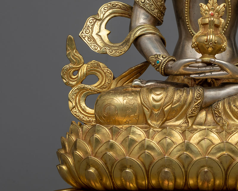 Amitayus Tibetan Buddha Statue |  Longevity and Wisdom in Silver and Gold