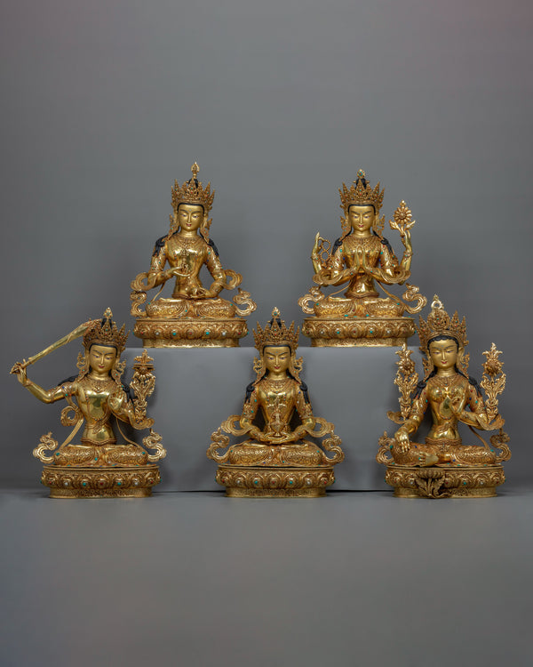 Sacred Five Bodhisattva Set Statue | Gold Gilded Buddhist Art