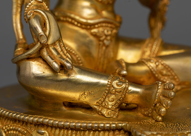 Elegant Green Tara Buddha Statuette in 24K Gold | Nepalese Traditional Artwork