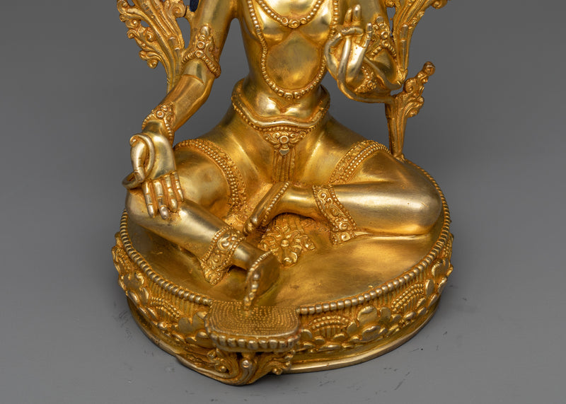 Elegant Green Tara Buddha Statuette in 24K Gold | Nepalese Traditional Artwork