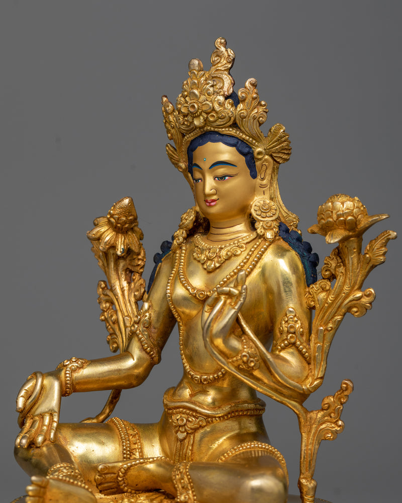 Elegant Green Tara Buddha Statuette in 24K Gold | Nepalese Traditional Artwork