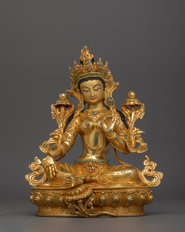 Green Tara Buddhist Deity Figure | Handcrafted 24K Gold Gilded Statue