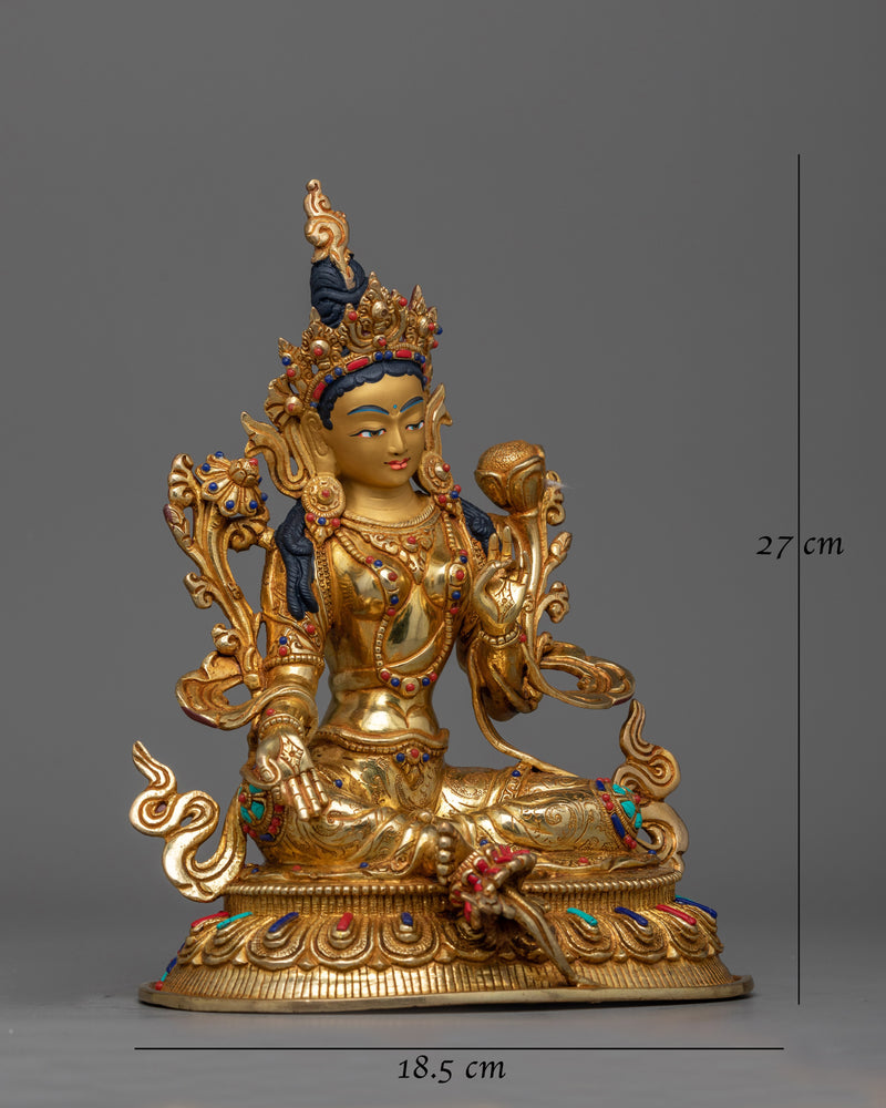 Elegant Mata Green Tara Gold Gilded Statue | Handcrafted Symbol of Protection