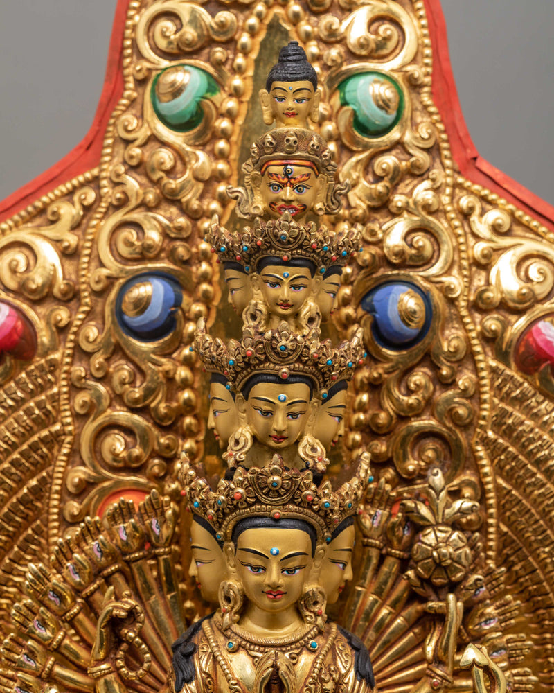 1000 Armed Chenrezig-Avalokiteshvara Statue | 24K Gold Hand Carved Himalayan Statue